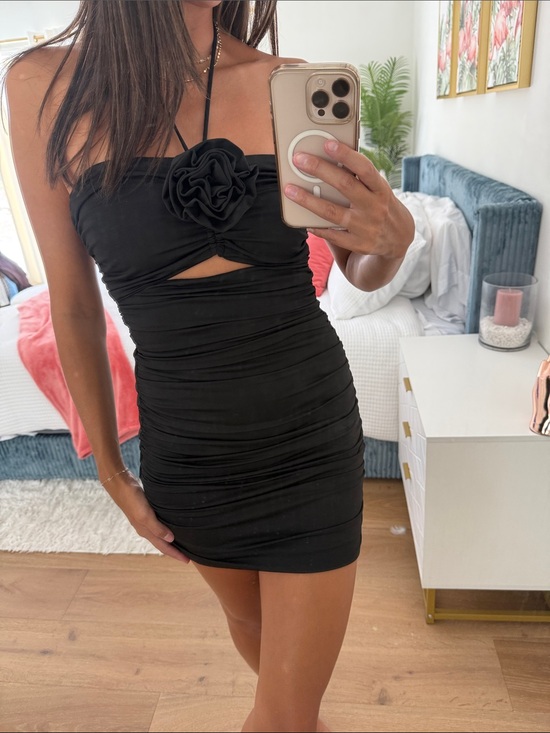 Cotton Candy Dresses & Skirts - Black Ruched Halter Mini Dress with Floral Detail